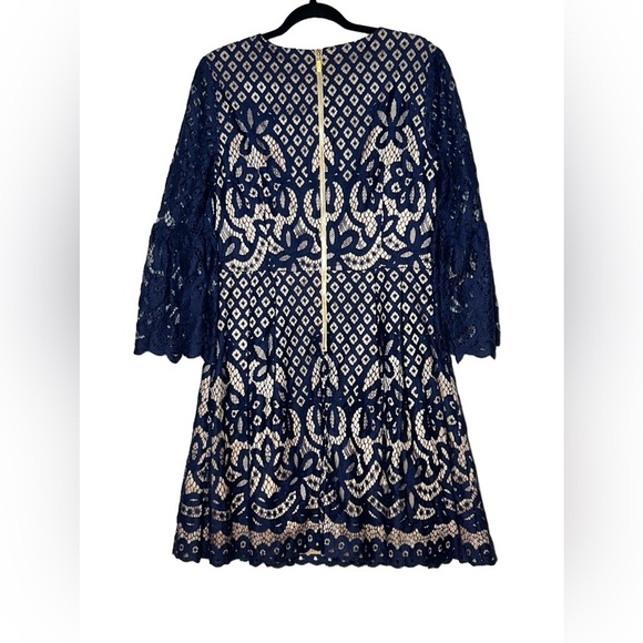 Eliza J Navy Blue Lace Over Nude Dress with Bell Sleeves, Size Medium (10) - Picture 5 of 15